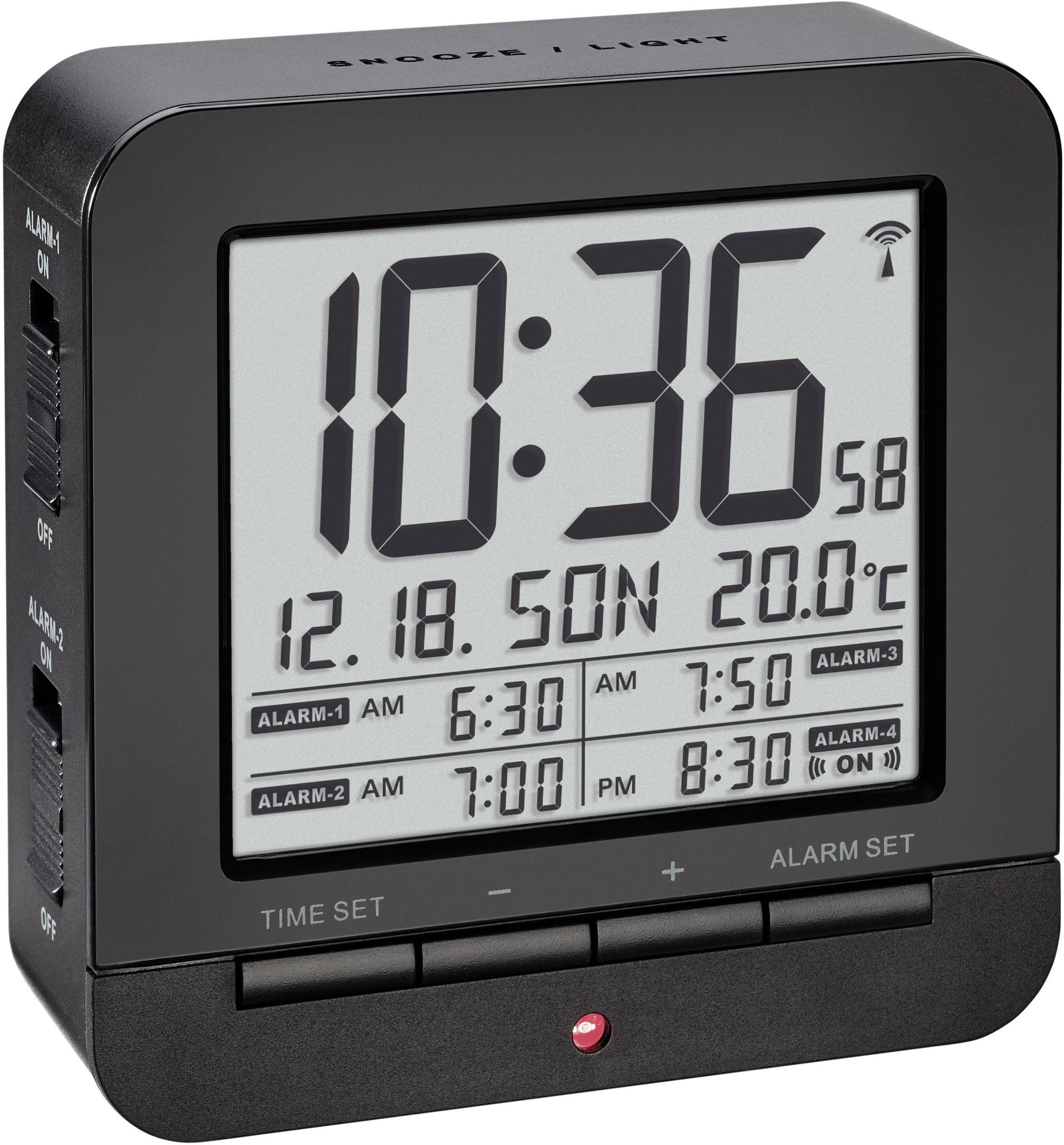Digitálny budík ukazuje čas 10:36:58, dátum 18.12. Nedeľa a teplotu 20,0°C. Budíky sú nastavené.