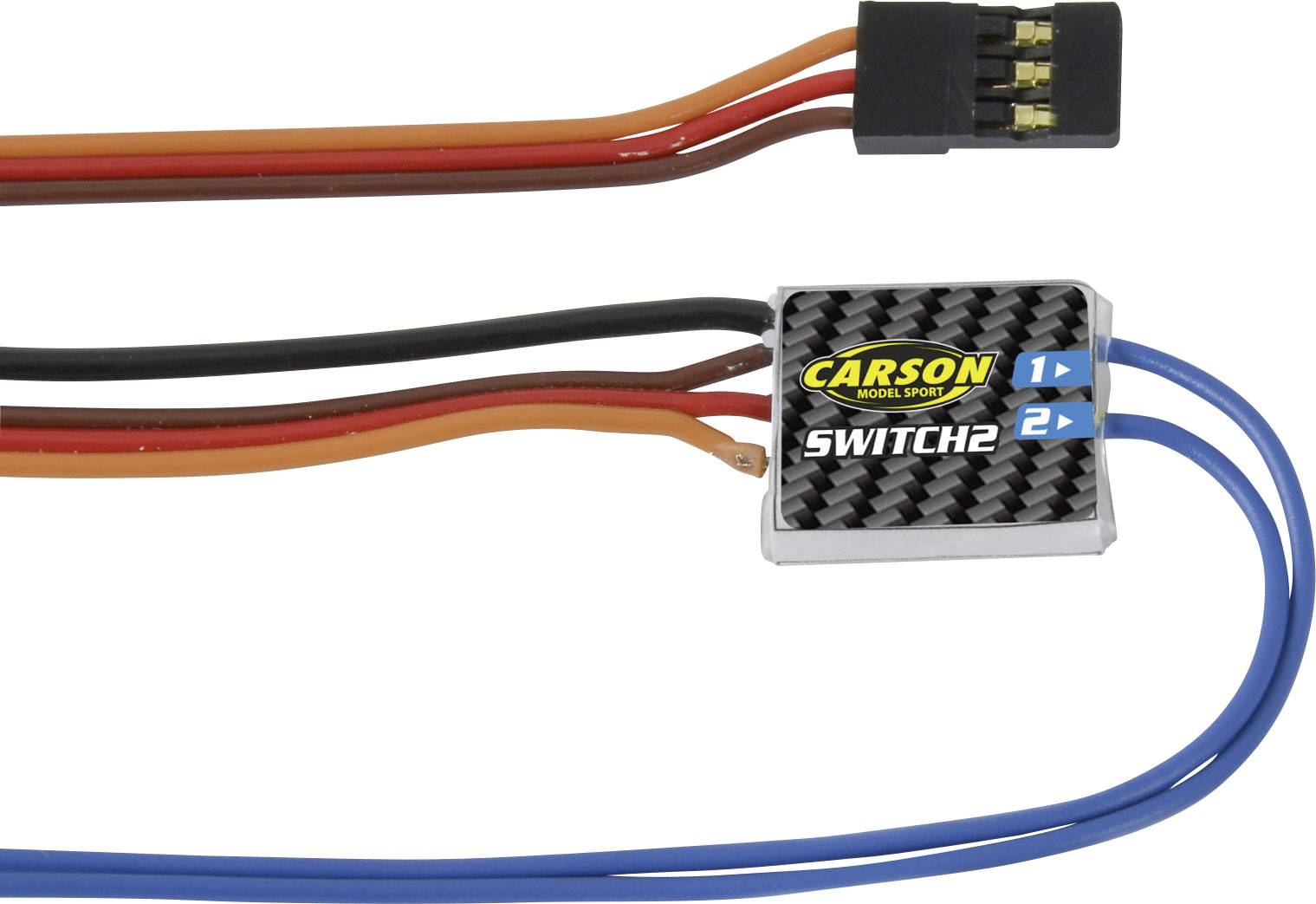 Elektronický spínací modul s označením 'SWITCH 2' od firmy Carson Model Sport. Zobrazuje káble pre elektrické prepojenia.