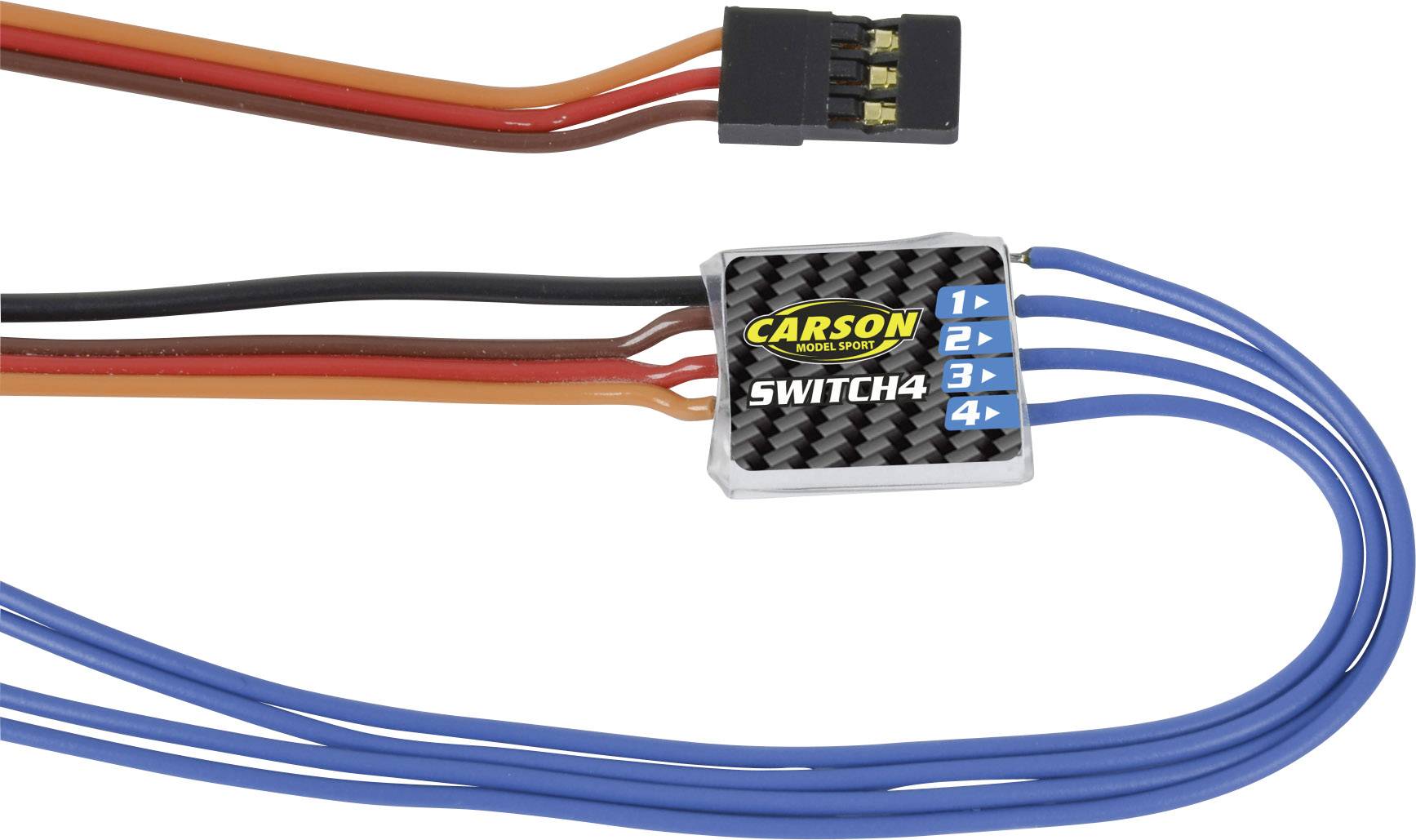 Elektronický spínač so štyrmi modrými káblami a čiernym konektorom, označený ako 'Carson Switch 4'.