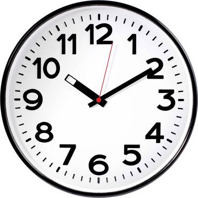Analógové hodiny ukazujú 10:10. Majú biele ciferblat s čiernymi číslami a ručičkami a červenou sekundovou ručičkou.
