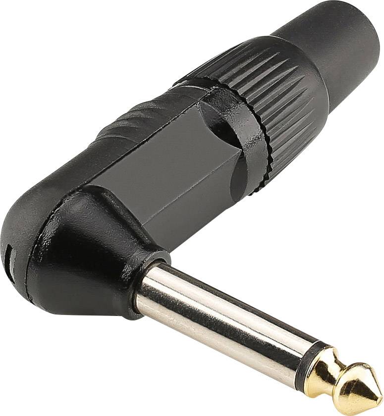 Čierny a zlatý adaptér audio jack konektora v pravom uhle, určený na prepojenie audio zariadení.