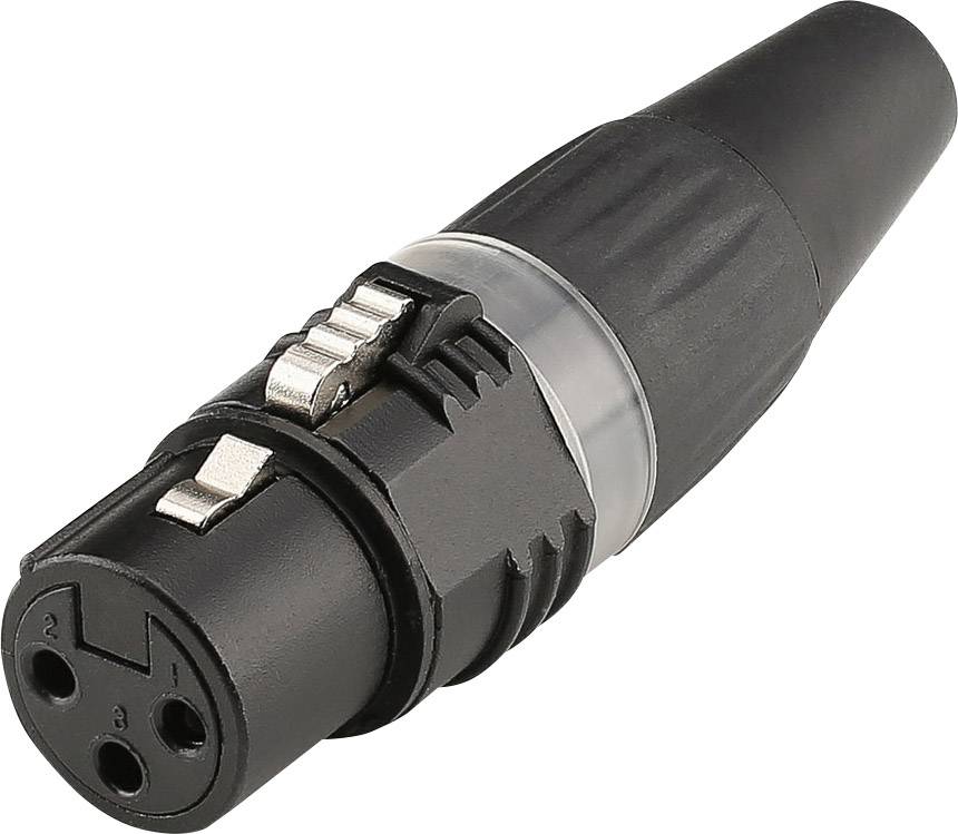 Čierny 3-pólový XLR konektor s kovovým zámkom a plastovým krytom, ktorý sa typicky používa na audio prepojenia.