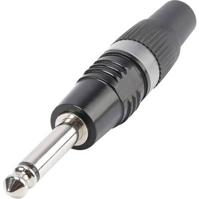 Kovový 6,3 mm jack konektor s čiernym plastovým obalom, často používaný pre elektrické hudobné nástroje alebo audio zariadenia.