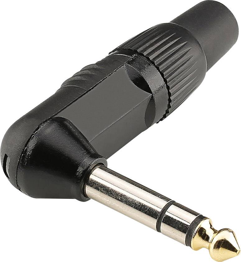 Čierny uhlový jack konektor so zlatou kovovou špičkou, vhodný pre audio pripojenia.