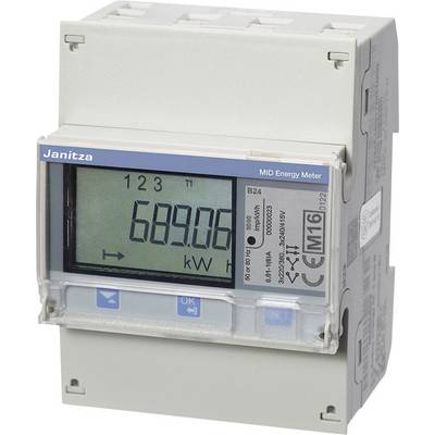 Elektromer s digitálnym displejom zobrazujúcim '689,06 kWh'. Kryt v sivej farbe s modrými a bielymi ovládacími prvkami.