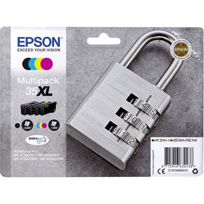 Multipack Epson 35XL so 4 atramentovými kazetami. Na obrázku je visací zámek s numerickým kódom.