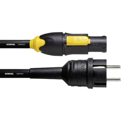 Dva čierne elektrické káble so žltými akcentmi; horná zástrčka je XLR zástrčka, dolná je zástrčka s ochranným kontaktom.