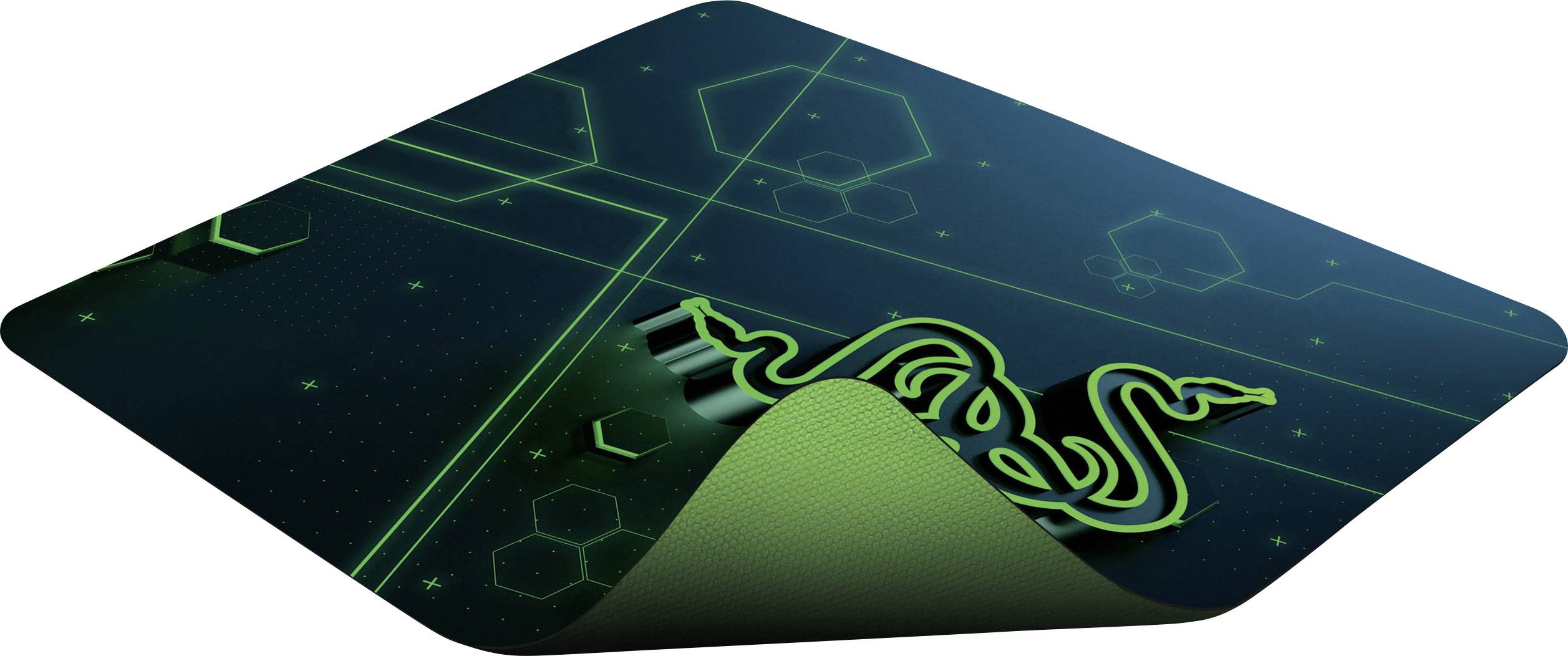 Podložka pod myš s vyhrnutým rohom zobrazuje logo Razer na čiernom pozadí so zelenými akcentmi a geometrickými vzormi.