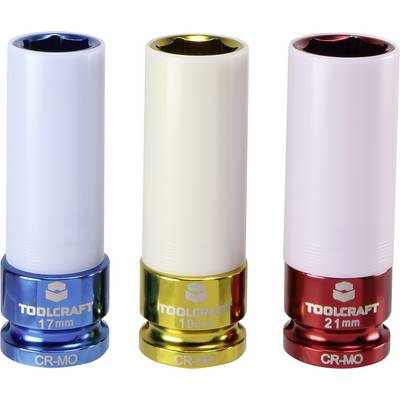 Tri farebné nástavce na kľúč od TOOLCRAFT: 17 mm (modrá), 19 mm (zlatá), 21 mm (červená), s označením materiálu CR-MO.
