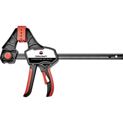 Jednostranná svorka od Toolcraft, čierno-červená, so šírkou zovretia 150 mm a dosahom 85 mm.