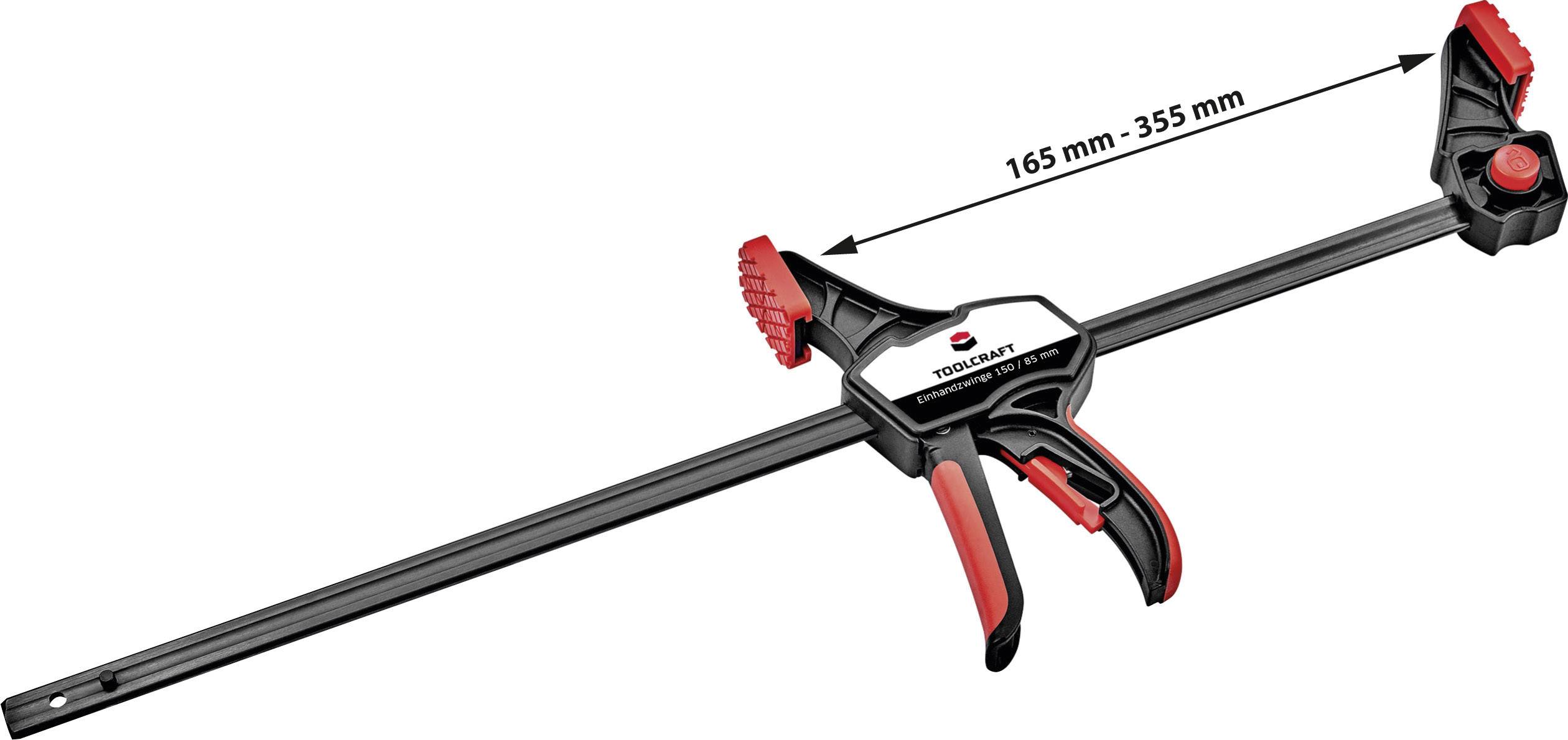 Skrutková svorka s nastaviteľným rozpätím od 165 mm do 355 mm, čierna s červenými rukoväťami a čeľsťami.