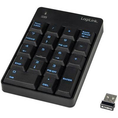 Čierny externý numerický blok s 21 klávesmi a USB prijímačom, vhodný pre laptopy bez integrovaného číselného poľa.