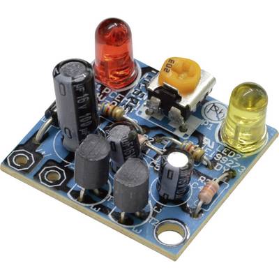 Elektronická doska s červenými a žltými svietiacimi LED diódami, kondenzátormi a odpormi. Pravdepodobne slúži na prepínanie alebo signalizáciu.