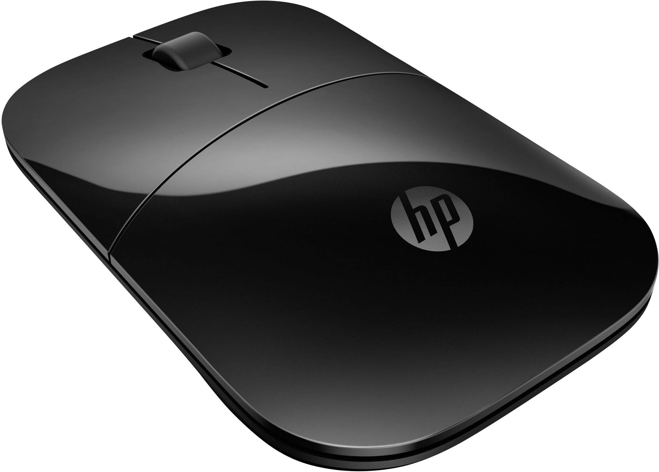Čierna bezdrôtová myš s hladkým, moderným dizajnom, bočným rolovacím kolieskom a logom HP uprostred, na bielom pozadí.
