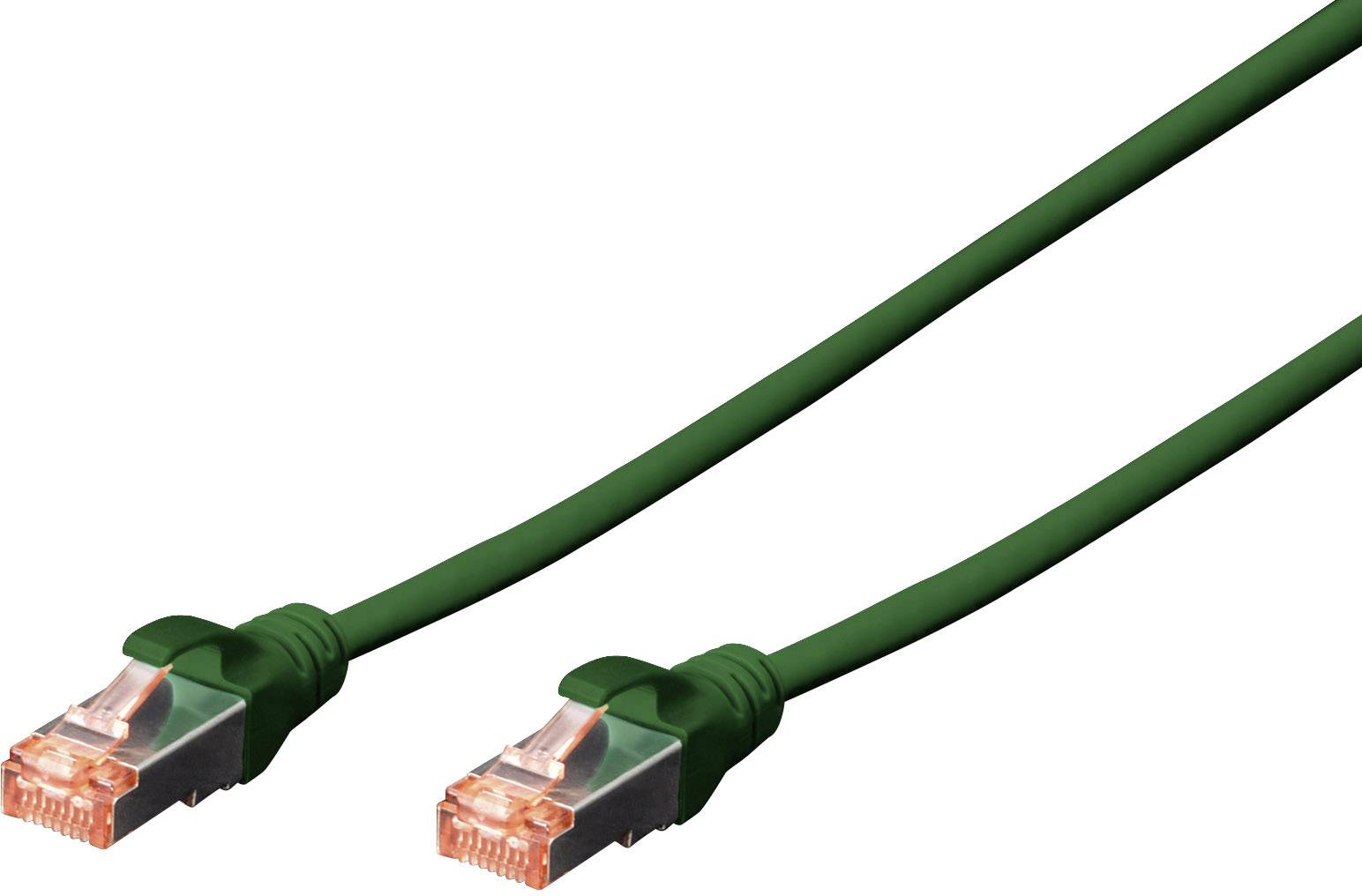 Zelený sieťový kábel s dvoma RJ45 konektormi na koncoch, vhodný pre počítačové a internetové pripojenia.