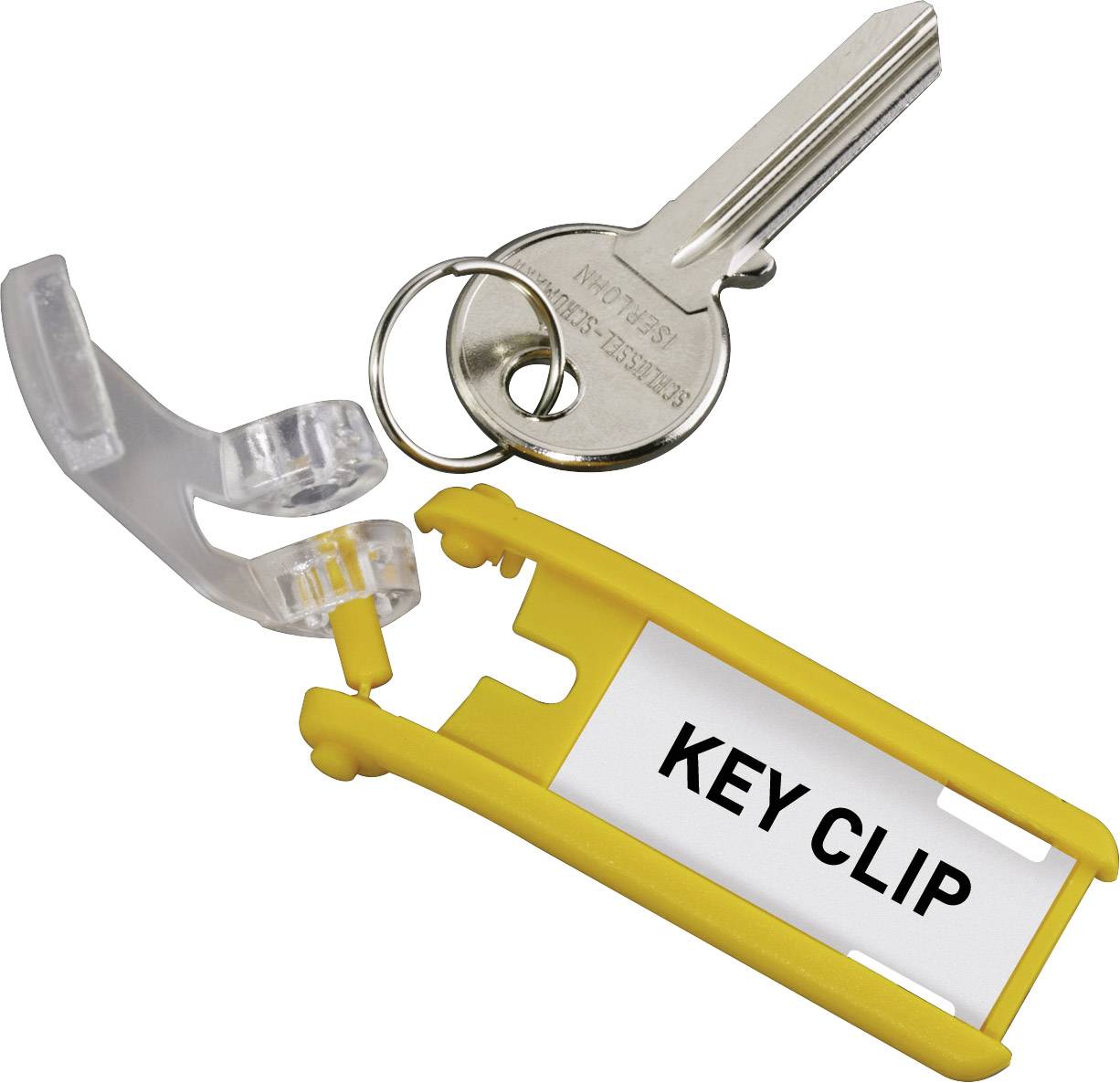 Strieborný kľúč na žltom kľúčenke s nápisom 'KEY CLIP', vedľa ktorého je priehľadný plastový krúžok.