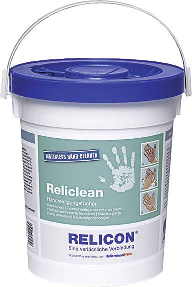 Vedro s modrým vekom, etiketa s odtlačkom ruky, názov produktu 'Reliclean', text v nemčine, francúzštine a holandčine, symbolické obrázky použitia.
