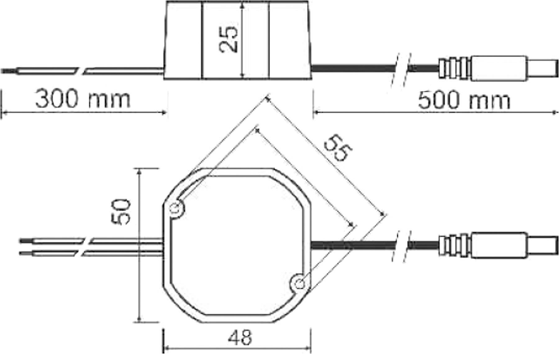Technický výkres elektrického komponentu s rozmermi: 300 mm a 500 mm dlhé káble, puzdro 50x55 mm, hĺbka 25 mm.