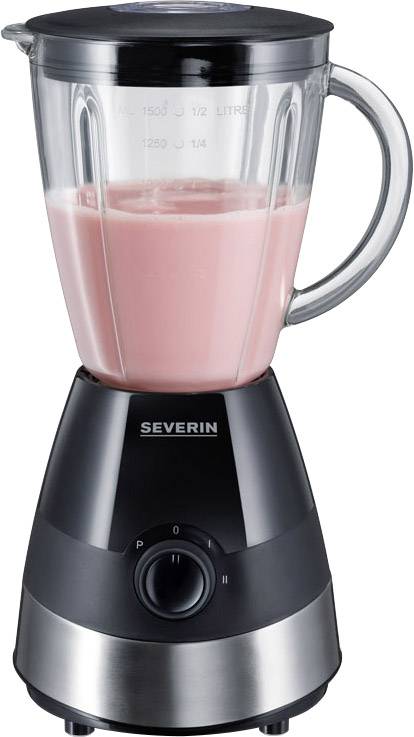 Čierny mixér so striebornou základňou, naplnený ružovou kvapalinou. Značenie ukazuje až 1 liter.