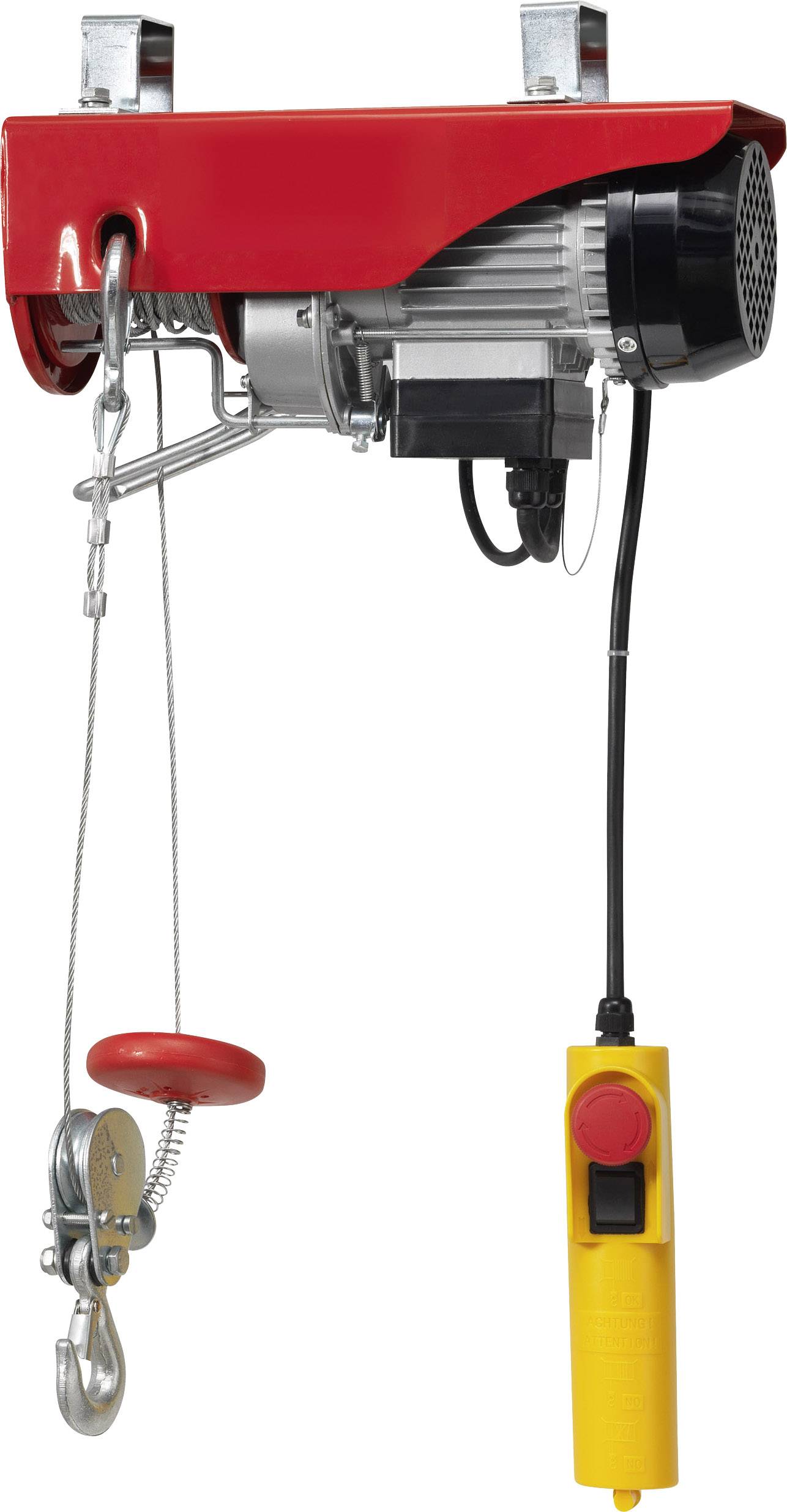 Elektrický lanový navijak s červeným krytom a žltým diaľkovým ovládaním, vhodný na zdvíhanie bremien.