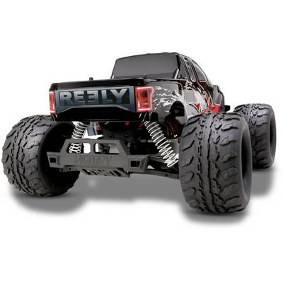 Diaľkovo ovládaný model monster trucku s veľkými pneumatikami a robustným dizajnom, zobrazený z pohľadu zozadu so znázornením odpruženia.