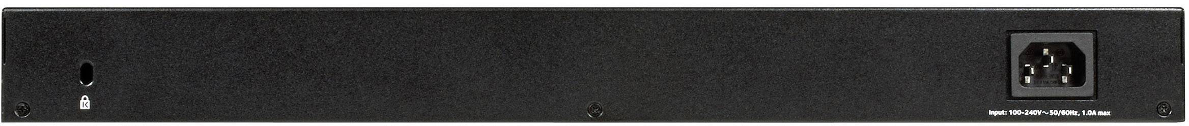 Zadná strana elektronického zariadenia s napájacím konektorom a ďalšími možnosťami pripojenia, čierna s minimálnym popisom.