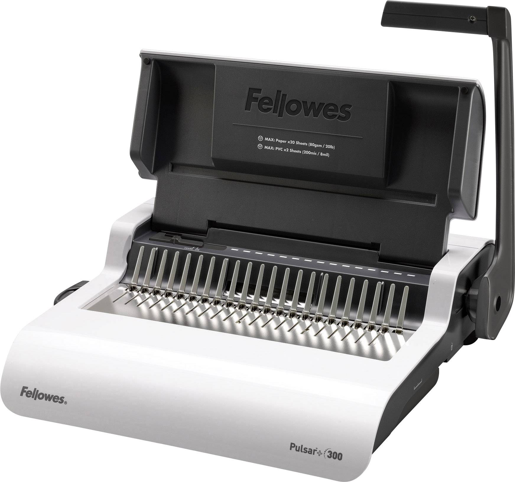 Biela viazacia stroj Fellowes Pulsar+ 300 s plastovým krytom a pákovým mechanizmom, otvorený pre lepší pohľad na kovové zuby určené na viazanie dokumentov.
