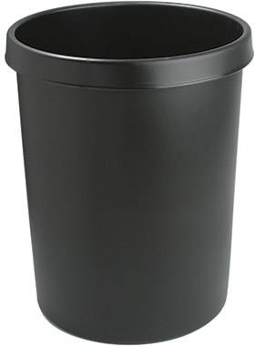 Čierny plastový odpadkový kôš; okrúhleho a jednoduchého dizajnu, typický pre kancelárie alebo domácnosti na zber odpadu.