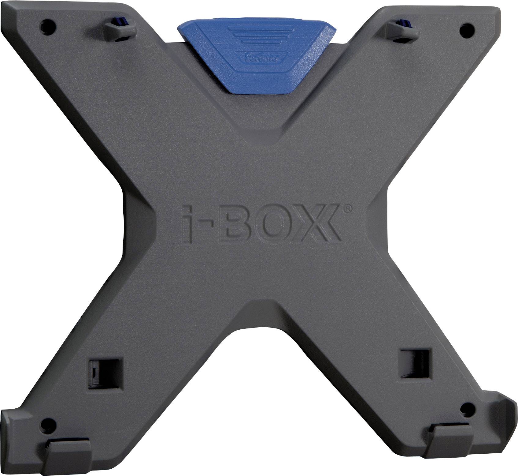Sivý, X-tvarový držiak s nápisom 'i-BOX', v hornej časti malý modrý prvok.