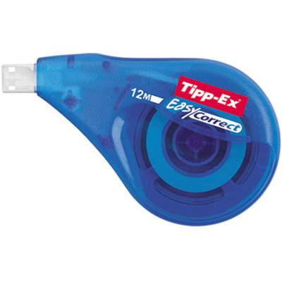 Korekčný roller v modrom, priehľadnom obale s potlačou 'Tipp-Ex Easy Correct 12m'.