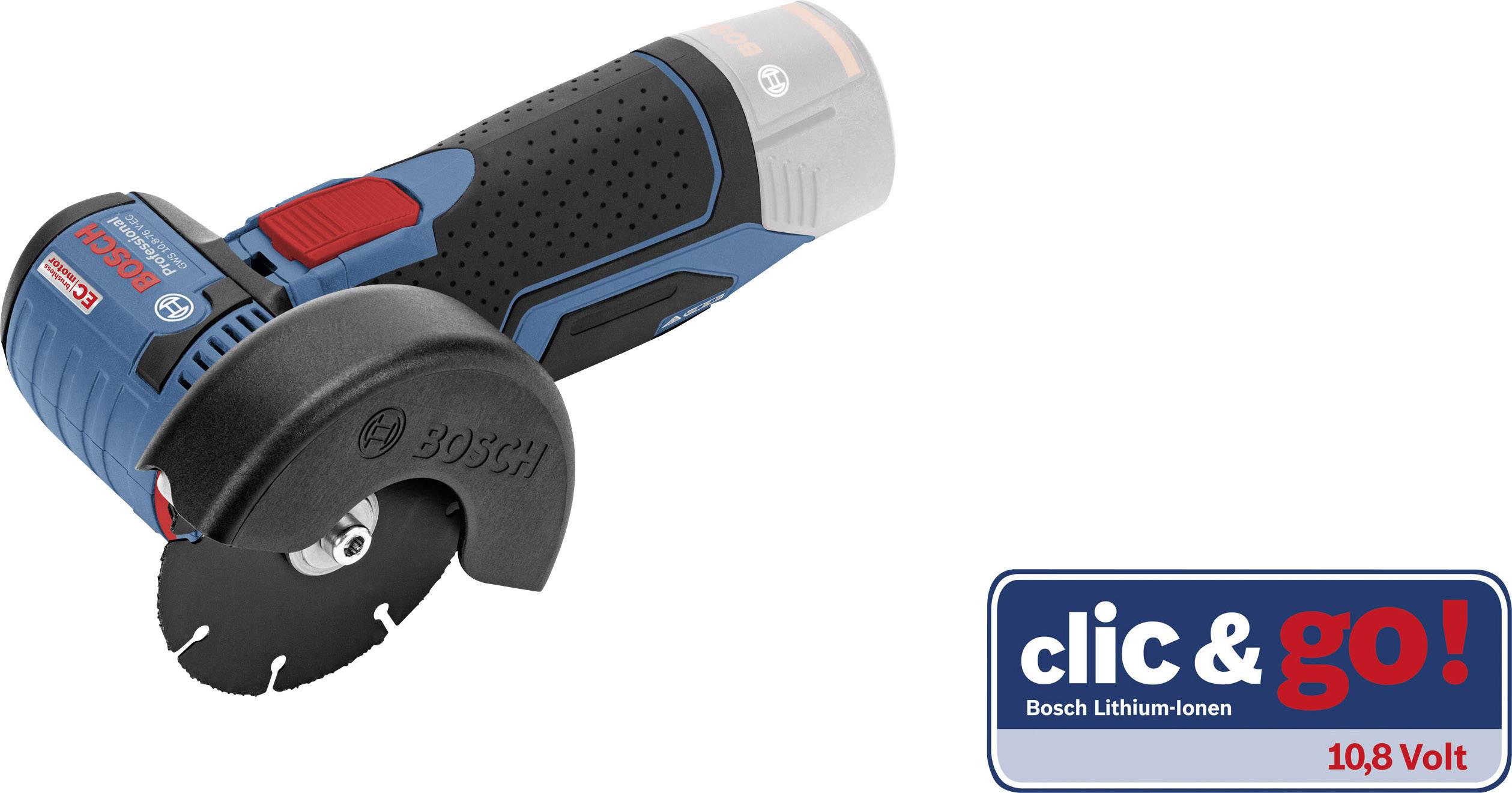 Kompaktný, bezdrôtový nástroj Bosch s kruhovým pílkovým listom. Vpravo dole logo s nápisom 'clic & go! 10,8 Volt'.