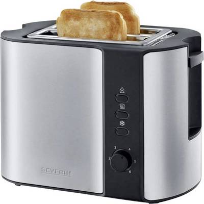 Strieborný toster s dvoma opečenými plátkami chleba hore. Otočný gombík a tlačidlá na boku na nastavenie stupňa opečenia.