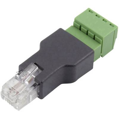 Adaptér s RJ45 konektorom a zelenými skrutkovacími svorkami na pripojenie sieťových káblov k rôznym zariadeniam alebo aplikáciám.