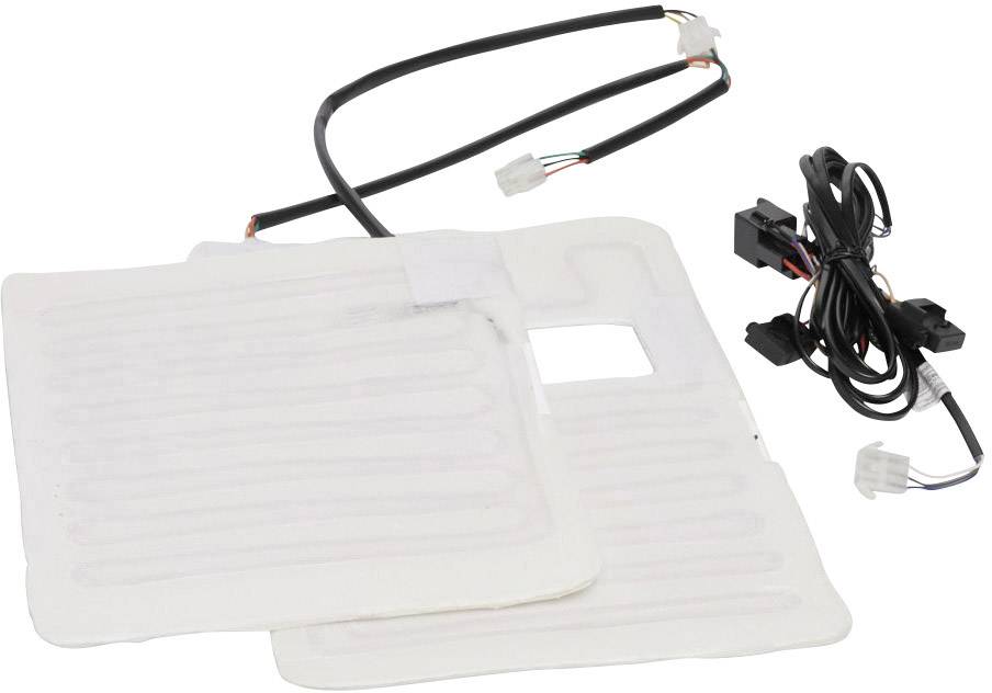 Dve biele elektrické vyhrievacie rohože s káblami a konektormi, určené na použitie v automobiloch na vykurovanie sedadiel.