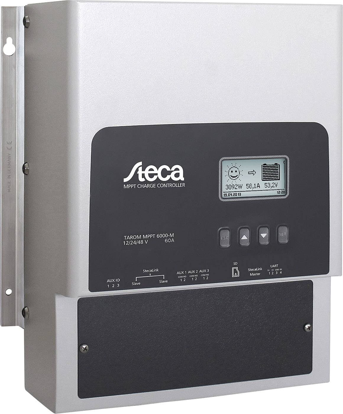 Solárny regulátor nabíjania so zobrazovačom hodnôt elektrického prúdu. Značka 'Steca', model MPPT 6000-M, kapacita 60A.