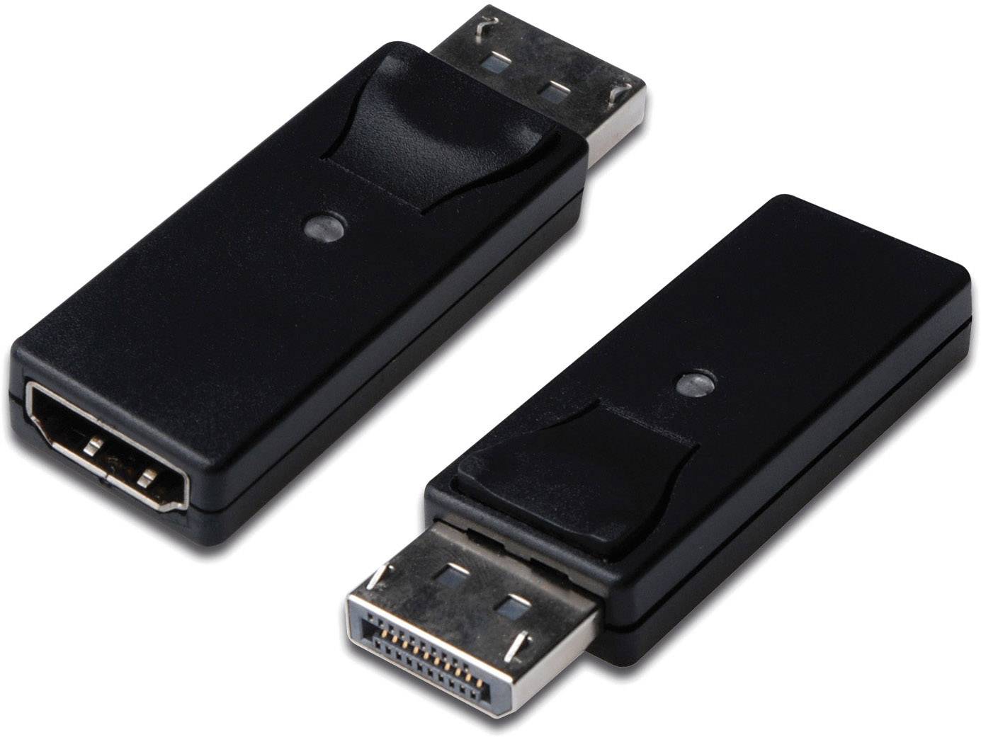 Dva čierne adaptéry z HDMI na DisplayPort na bielom pozadí, jeden zobrazuje HDMI konektor, druhý DisplayPort konektor.