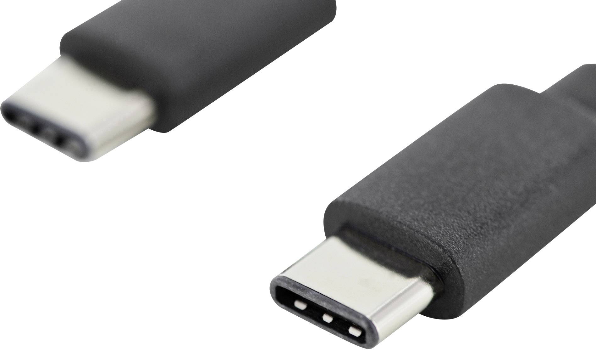 Dva čierne USB-C konektory so striebornými koncovkami. Horný konektor je mierne naklonený, spodný konektor leží rovnobežne s líniou obrázka.