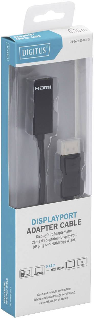 DisplayPort na HDMI adaptérový kábel v balení. Značka: Digitus. Kábel je vhodný pre monitory, projektory a televízory.