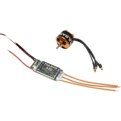 Bezkartáčový motor a ESC od Pulsar A-20 pre RC modely. Motor je oranžový s čiernym nápisom, troma káblami, a ESC má niekoľko pripojení.