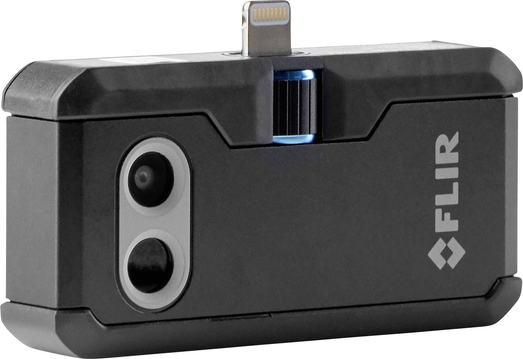 Čierny nástavec termokamery FLIR pre smartfóny, s duálnymi šošovkami a Lightning konektorom.