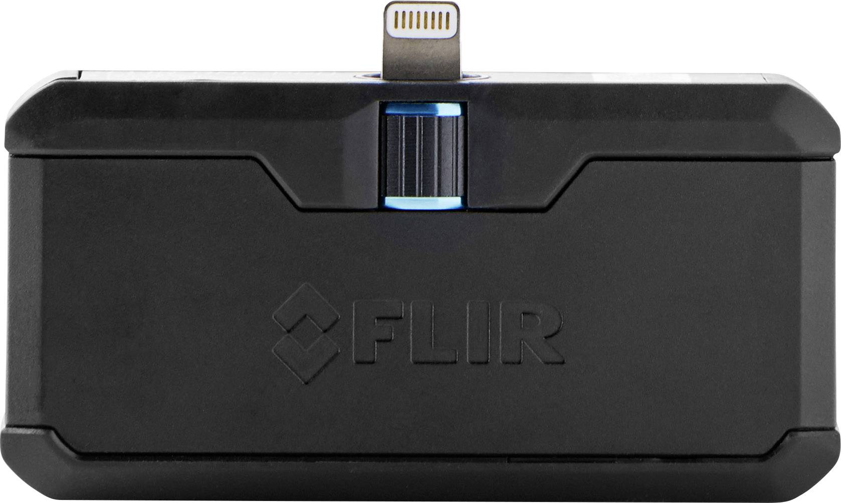 Čierne zariadenie od FLIR s Lightning konektorom na hornej strane. Má otočný gombík v strede, pravdepodobne mobilný tepelný snímač.