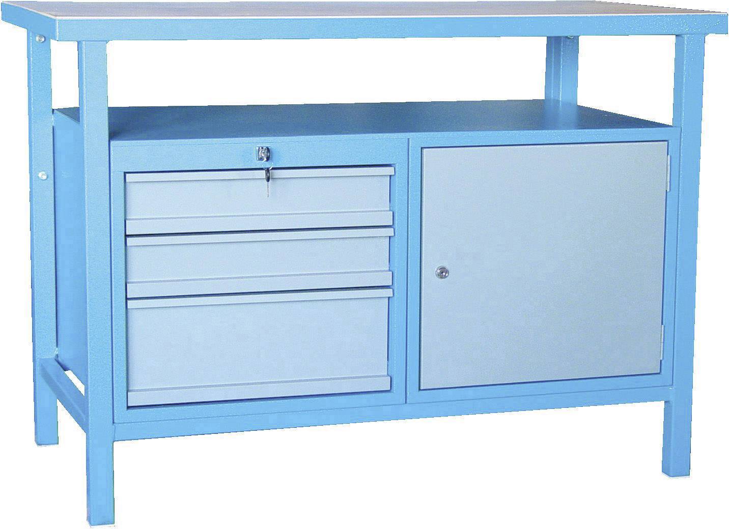 Modrý pracovný stôl z kovu s tromi zásuvkami a uzamykateľným priestorom na pravej strane. Ideálny pre náradie.