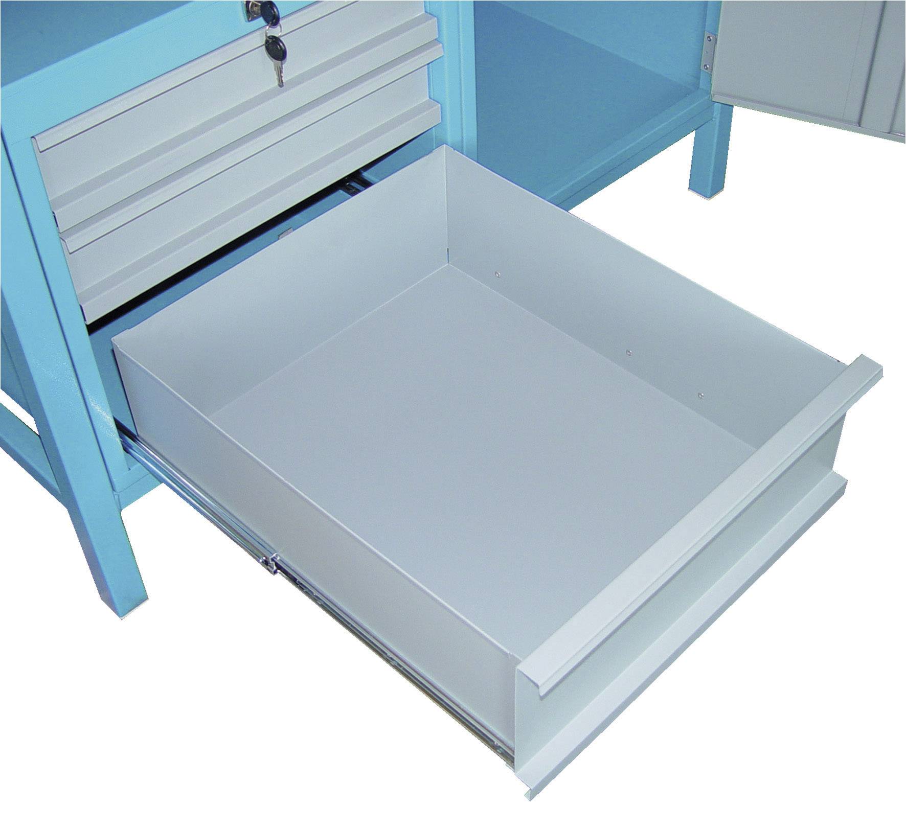 Otvorená kovová zásuvka modrého pracovného stola odhaľuje prázdny úložný priestor pod dvoma zatvorenými zásuvkami.