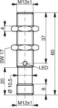 Technický výkres valcovitého objektu s rozmermi v milimetroch. Zobrazuje skrutkovací závit M12x1 a miesto pre LED displej.