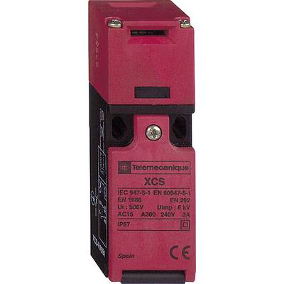 Bezpečnostný koncový spínač od Telemecanique, červený kryt, špecifikácie: IEC 947-5-1, EN 60947-5-1, UI 500V, AC15 A300 240V 3A.
