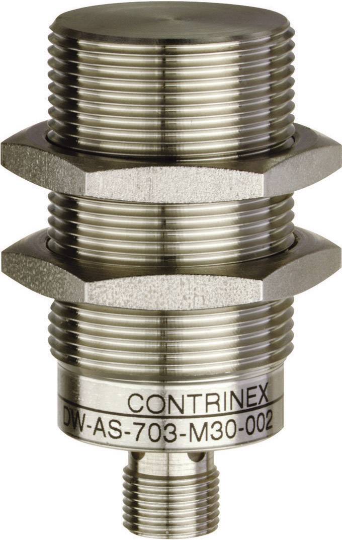 Valcový, kovový snímač so závitom a označením 'CONTRINEX DW-AS-703-M30-002'.