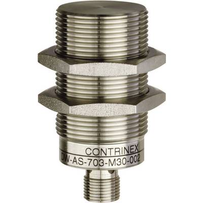 Valcový, kovový snímač so závitom a označením 'CONTRINEX DW-AS-703-M30-002'.