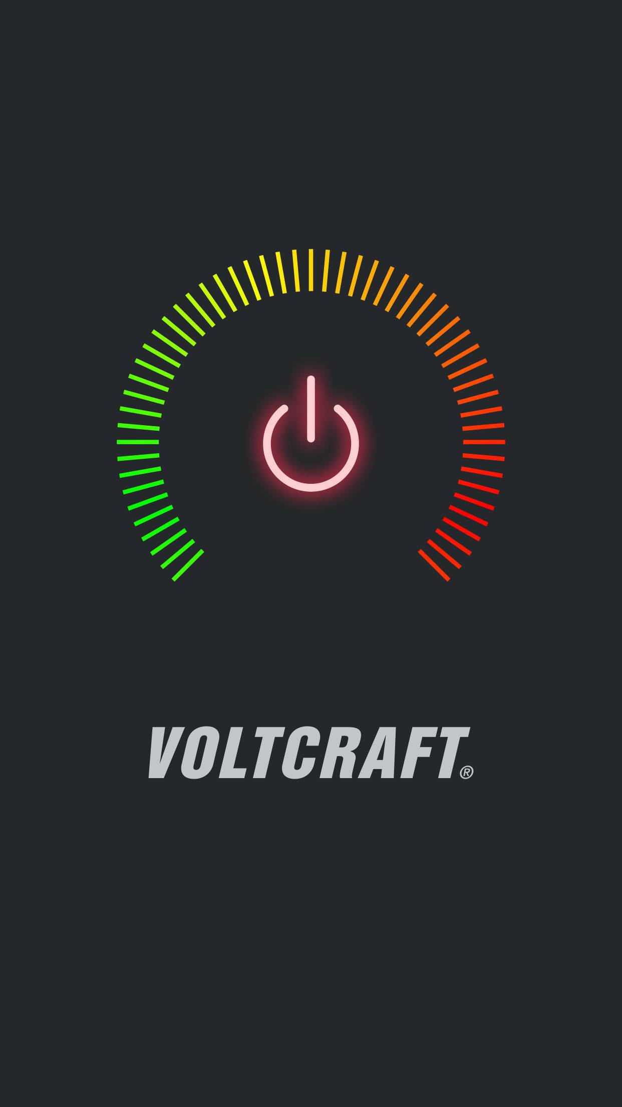 Svietiaci sieťový spínač v strede polkruhovitého, viacfarebného pruhu prechádzajúceho z zelenej do červenej. Pod ním je nápis 'VOLTCRAFT'.