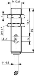 Technický výkres valcového snímača v bočnom pohľade s rozmermi: závit M12x1, dĺžka 50 mm, LED indikátor.