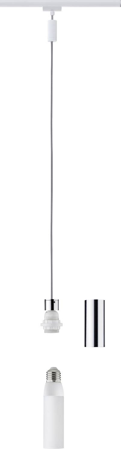 Osvetľovací systém s bielym káblom a modulárnym dizajnom, pozostávajúci z dvoch vymeniteľných závesov na svietidlá.